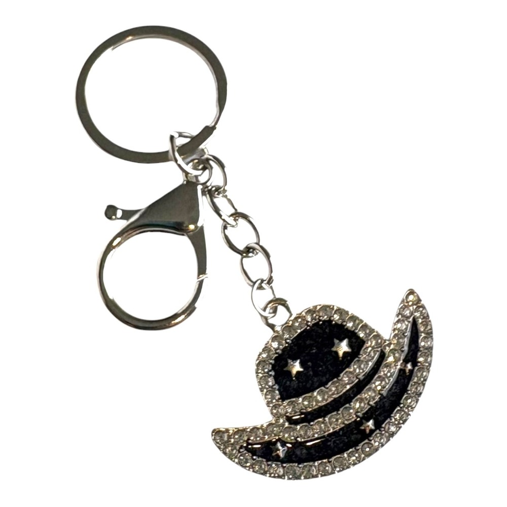 Silver Black Rhinestone Cowboy Hat Charm Key Chain 4" Western Rodeo Star Clip